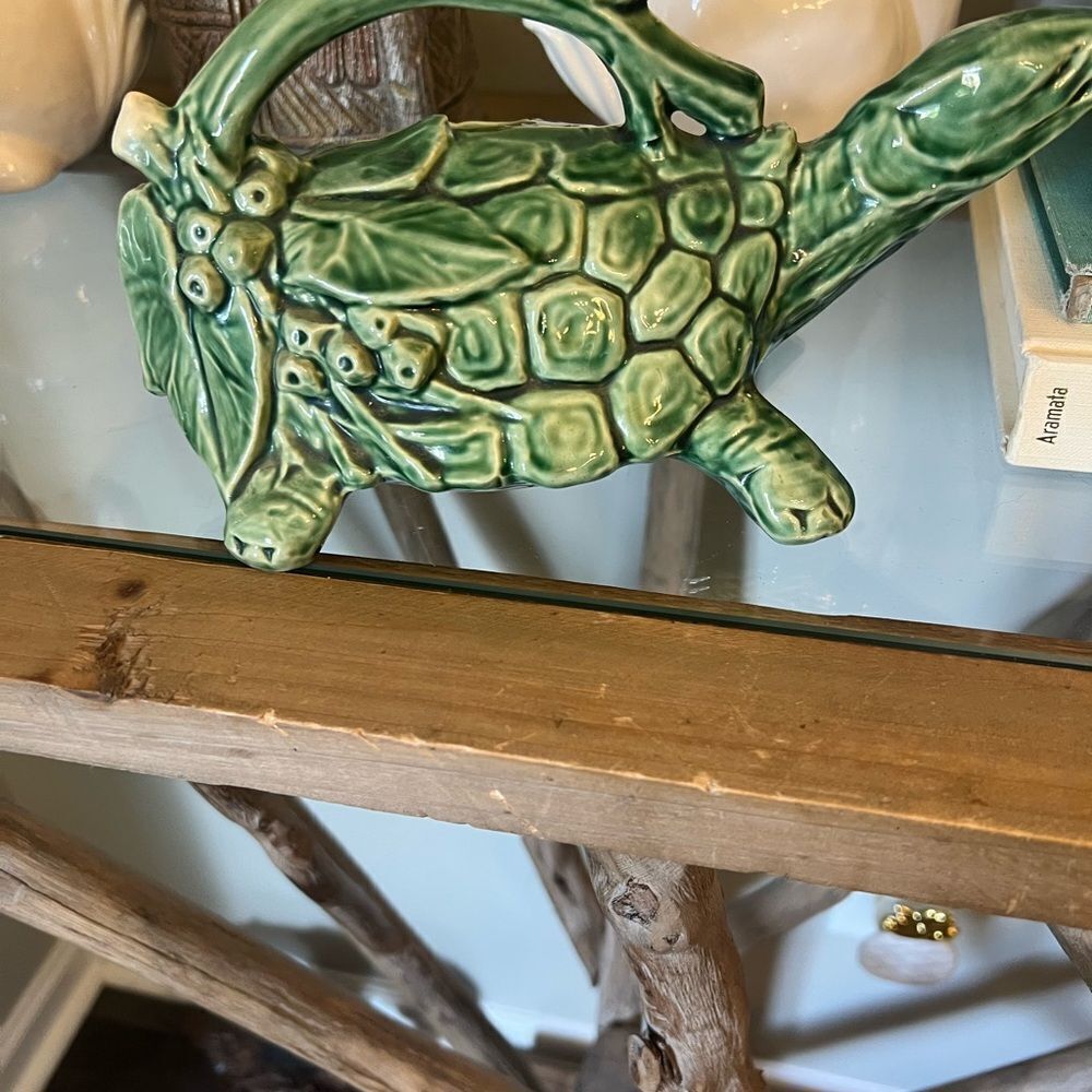 Vintage McCoy Made in The USA Green Turtle Shaped Ceramic watering pitcher. 90’s